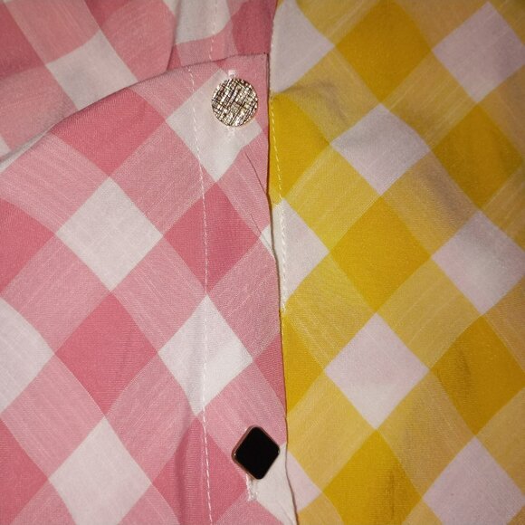 Atikshop Button-Up Shirt Pink & Yellow Gingham Colorblock Front Pocket Womens - Picture 7 of 13